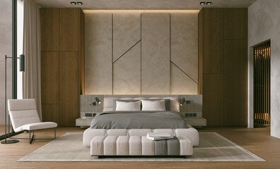 Modern Luxury interior of gray bedroom with double bed, 3D rendering background	
