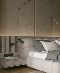 Modern Luxury gray bedroom interior design with double bed cloase-up, 3D rendering	