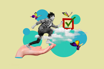 Creative collage portrait of arm palm hold mini black white effect running guy clouds sky check...