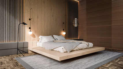 Obraz na płótnie Canvas 3D rendering, modern minimalist bedroom interior decorating with wood. luxury apartment japanese style.
