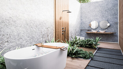 The Bath on bathroom japanese zen style. roofless bathroom design. 3D rendering	
