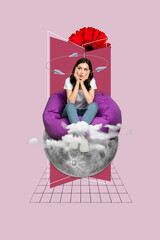 Poster artwork collage of minded lady sitting beanbag thinking solving question aircraft fly around...