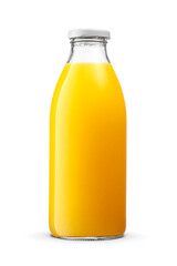 Orange juice glass bottle with twist off screw cap isolated. Transparent PNG image.