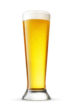 Pilsner glass of fresh beer with cap of foam isolated. Transparent PNG image.