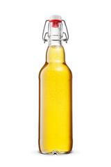 Transparent yellow beer in with vintage swing top bottle isolated. Transparent PNG image.