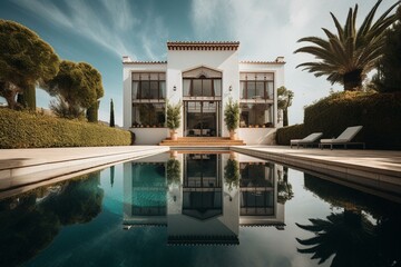 Beautiful architecture of a white house with pool in Spain near the coast. Generative AI