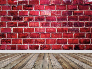 Old red brick wall in empty room with floor