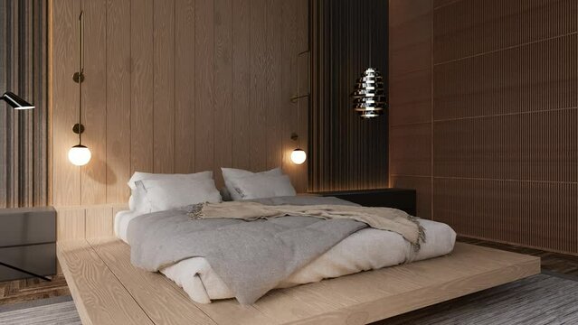 3d rendering Animation. Modern Dramatic bedroom Interior design.  japanese style apartment ideas.