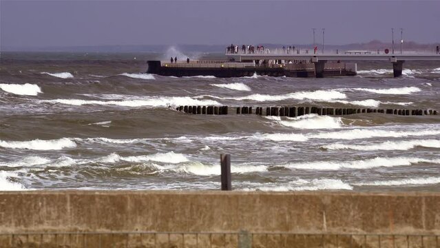 Viewing platform at the end of the beach promenade by the port of the spa town of Kołobrzeg in Poland