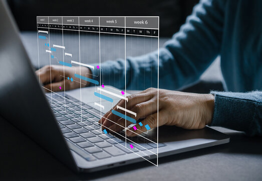 Human use laptop with calendar schedule time plan appointment, data management system, checking organizes day, week, month project list, business, calendar appointment plan concept