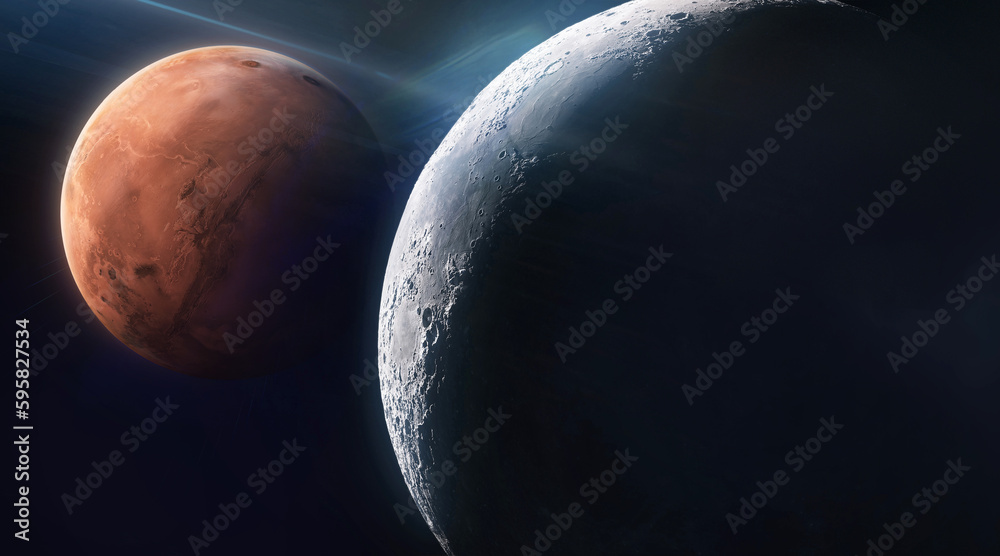 Poster Moon and Mars in black space. Red planet on background. Lunar orbit. Moon surface with dark side. Mission of Orion spacecraft concept. Elements of this image furnished by NASA