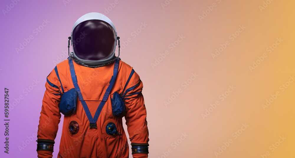 Poster astronaut in space suit on color background. spaceman concept. artemis mission of orion spacecraft c