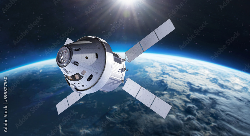 Poster Spacecraft on orbit of planet Earth. Orion spaceship on way to Moon exploration. Mission from Earth to Moon. Elements of this image furished by NASA