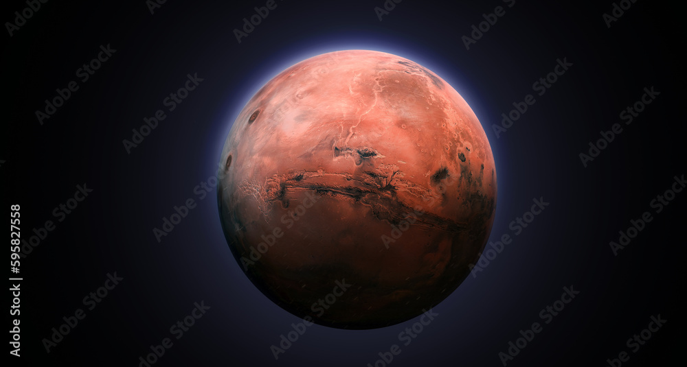 Aufkleber Mars planet in black deep space. Minimalistic sci-fi wallpaper. Mars globe with light. Red planet. Elements of this image furnished by NASA