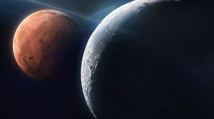Moon and Mars in black space. Red planet on background. Lunar orbit. Moon surface with dark side. Mission of Orion spacecraft concept. Elements of this image furnished by NASA