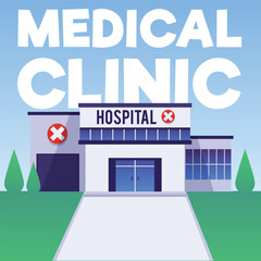Banner backdrop with medical center or hospital, flat vector illustration.