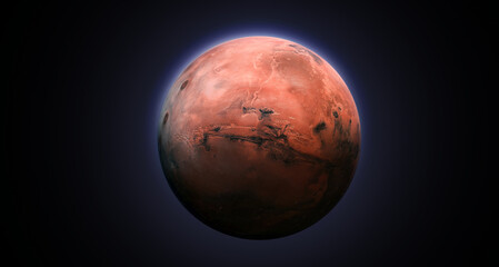 Mars planet in black deep space. Minimalistic sci-fi wallpaper. Mars globe with light. Red planet. Elements of this image furnished by NASA