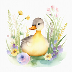 Cute baby duck in grass, pastel colors, flowers, watercolor illustration