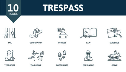 Trespass outline set. Creative icons: jail, corruption, witness, law, evidence, terrorist, war crime, footprints, espionage, crime.