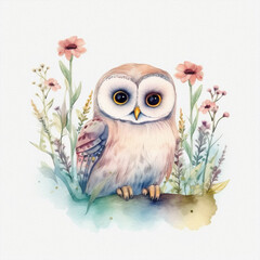 Fototapeta premium Cute baby owl in grass flower, pastel colors, flowers, watercolor illustration