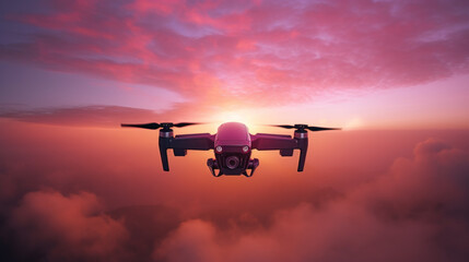 Drone flies in clouds amid sunset created with generative AI technology