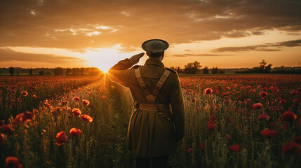 Soldier salutes standing in poppy field during sunset. Remembrance Day created with generative AI technology - obrazy, fototapety, plakaty
