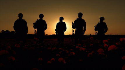 Fototapeta na wymiar Remembrance Day. Silhouettes of soldiers at poppy field created with generative AI technology