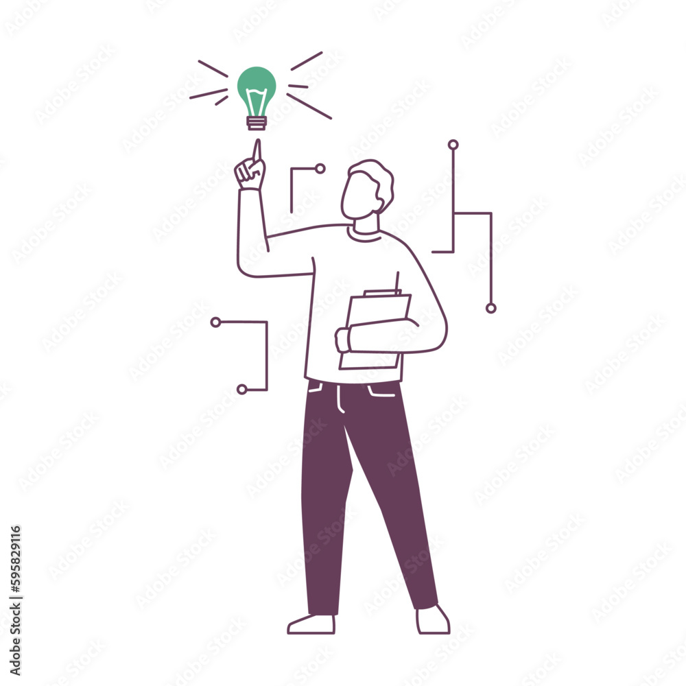 Poster startup idea or business concept, isolated employee with innovating thought. company development and