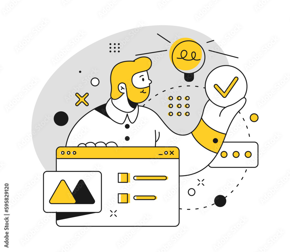 Aufkleber Employee with innovative idea for business. Man with solution to problems, development and strategy for quality company. Vector in flat cartoon illustration