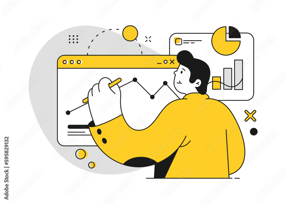 Aufkleber Web engineer or designer building website. Employee working on project showing presentation on board. Charts and statistics. Vector in flat cartoon illustration