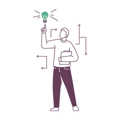 Startup idea or business concept, isolated employee with innovating thought. Company development and improvement strategy. Vector man with lamp in flat cartoon illustration