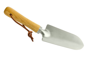 Garden hand shovel trowel with wooden grip isolated on white background