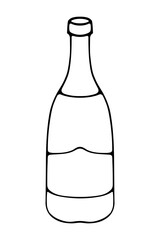 Open bottle of champagne. Sketch. Vector illustration. Glass container with sparkling wine. Outlines on an isolated background. Doodle style. Celebrate a holiday. Idea for web design.
