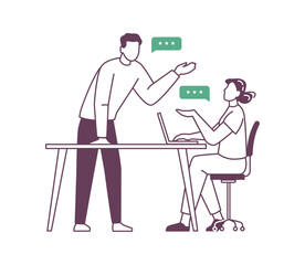 Business communication and interaction concept, ideas and brainstorming on meeting with colleague. Boss and secretary at work. Vector in flat cartoon illustration
