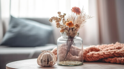 Bouquet of dried flowers in the interior of the room, generative AI.