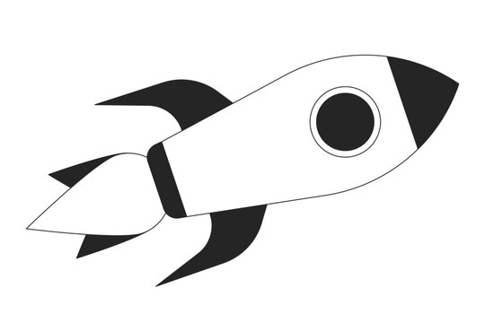 Rocket flying in space flat line black white vector object. Space exploration. Start up. Editable cartoon style icon. Simple isolated outline spot illustration for web graphic design and animation