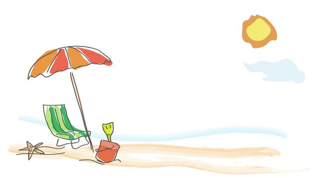 Hello summer on the beach, childish drawing handmade. Animated illustration with copy space
