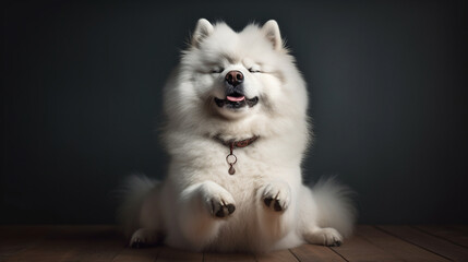 Cute cheerful white fluffy spitz dog stretching front paws against the background of black wall generative AI