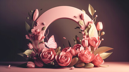 Creative letter O concept made of fresh Spring flowers, generative AI.