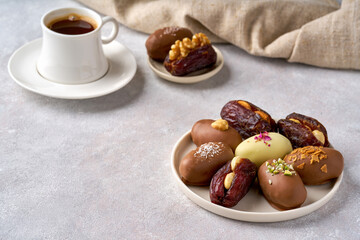 Dates fruit filled with nuts and glazed in chocolate. Closeup with copy space