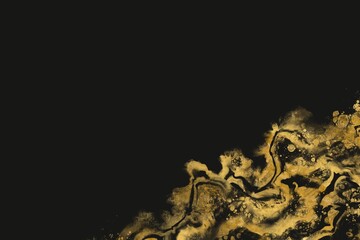 アクリルフルイドアートの和風抽象ダークテンプレート。黒背景に金色の波とスプラッシュ