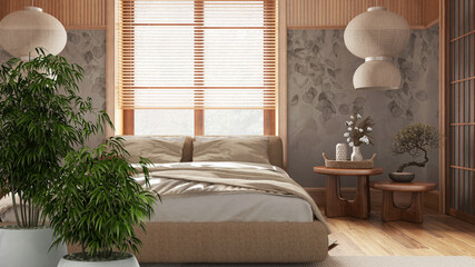 Zen interior with potted bamboo plant, natural interior design concept, japandi bedroom with master bed and wallpaper, parquet, minimal architecture concept idea