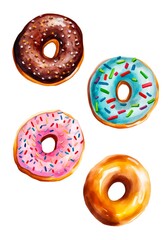 Watercolor set of different donuts isolated on white background. Generative AI.
