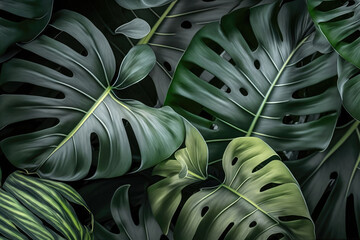 Obraz na płótnie Canvas AI generated closeup nature view of green leaves floral jungle pattern at dark background