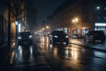 Rainy city's night with moving cars, gleaming streetlights. Generative AI