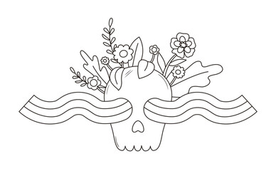 Contour groovy skull with flowers and rainbow waves in 70s and 60s style. Vintage hippie outline illustration. Psychedelic seventies coloring page. Vector graphic design.