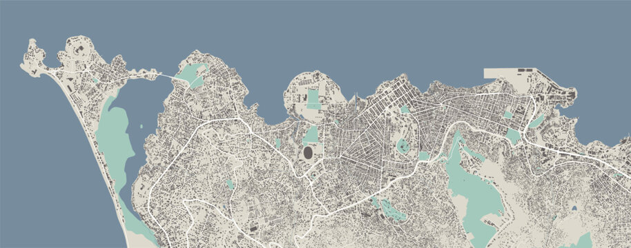 Freetown, Sierra Leone, map. Detailed map of Freetown city administrative area. Cityscape urban panorama. Outline map with buildings, water, forest.