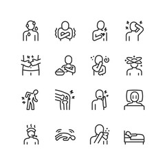 Disease, sickness, linear style icons set. Deteriorating health, illness. Person is sick. Viral illness, fever, chills, pain of organs, pain of parts of the body, disorders. Editable stroke width - obrazy, fototapety, plakaty