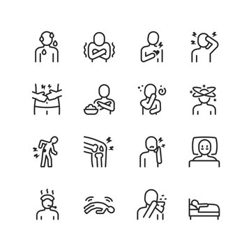 Disease, sickness, linear style icons set. Deteriorating health, illness. Person is sick. Viral illness, fever, chills, pain of organs, pain of parts of the body, disorders. Editable stroke width