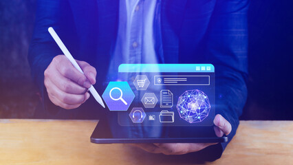 Hand touching of data search box information icon with Digital marketing internet advertising and sales increase business technology concept, online marketing, data analytics and Business online.